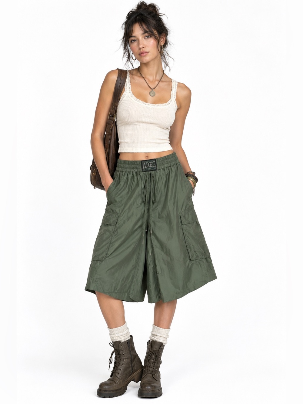 Wide Leg Olive Green Cargo Shorts Culottes Boxers Streetwear Utility Sporty